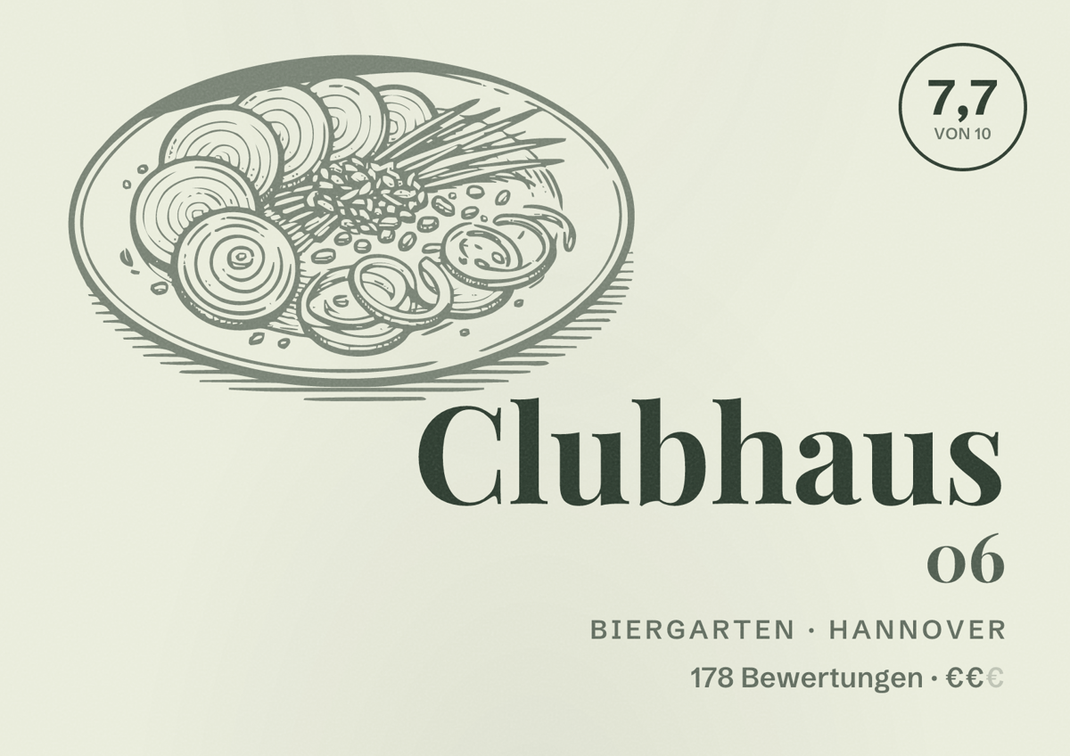 Illustriertes Poster von Clubhaus 06, Biergarten in Hannover: Bewertung 7,7 von 10 aus 178 Bewertungen, Preisniveau €€