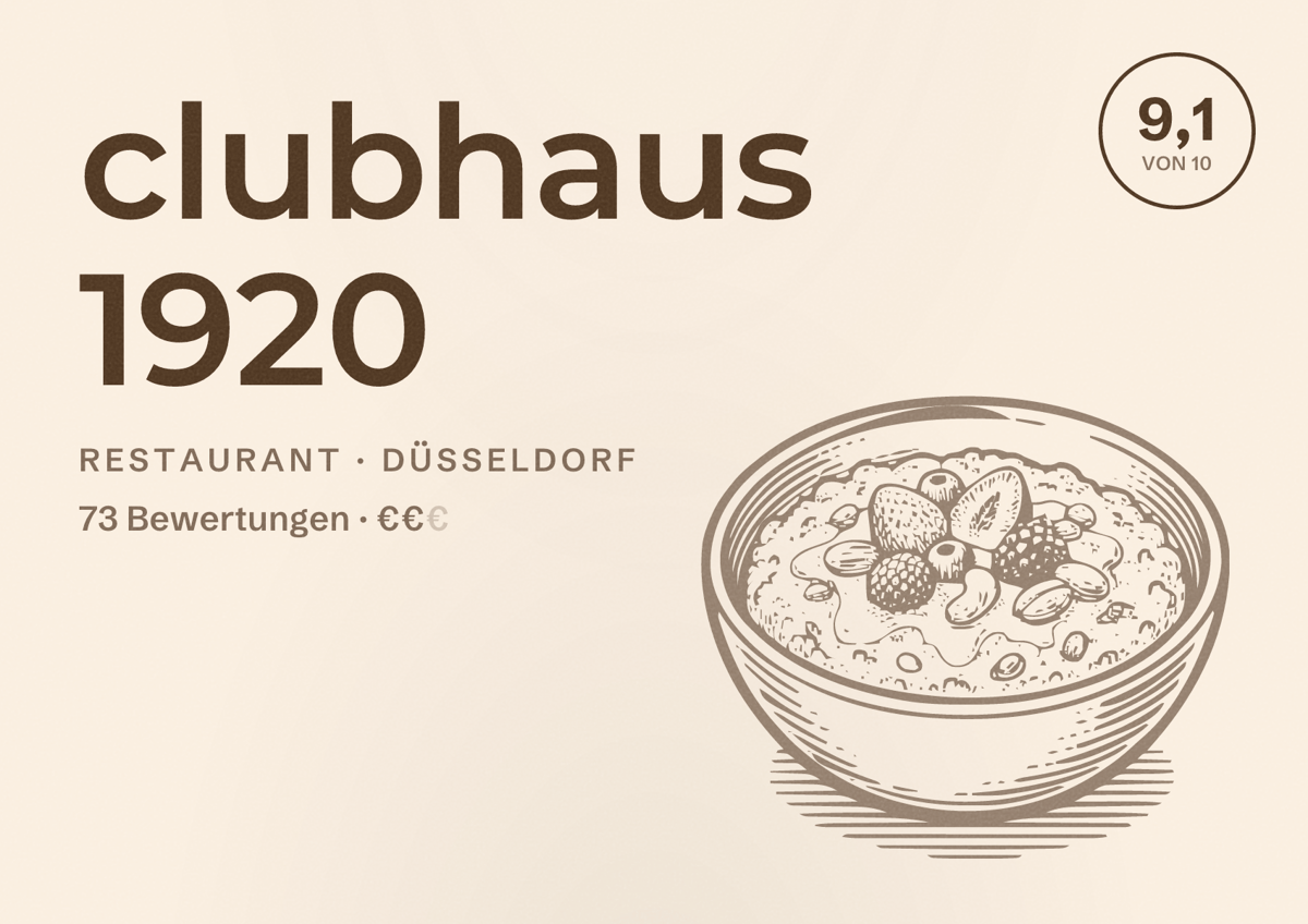 Illustriertes Poster von clubhaus 1920, Restaurant in Düsseldorf: Bewertung 9,1 von 10 aus 73 Bewertungen, Preisniveau €€