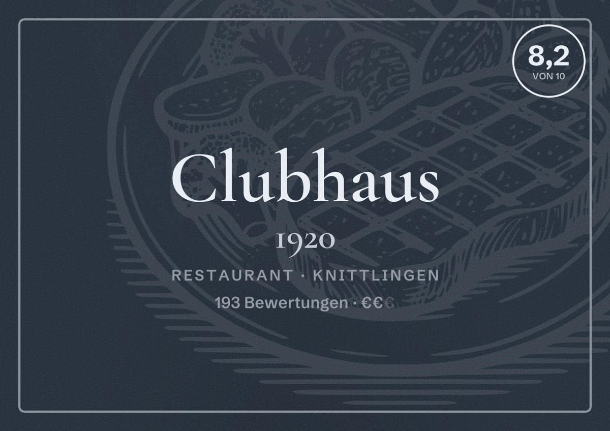 Illustriertes Poster von Clubhaus 1920, Restaurant in Knittlingen: Bewertung 8,2 von 10 aus 193 Bewertungen, Preisniveau €€