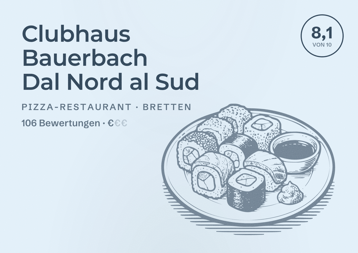 Illustriertes Poster von Clubhaus Bauerbach Dal Nord al Sud, Pizza-Restaurant in Bretten: Bewertung 8,1 von 10 aus 106 Bewertungen, Preisniveau €