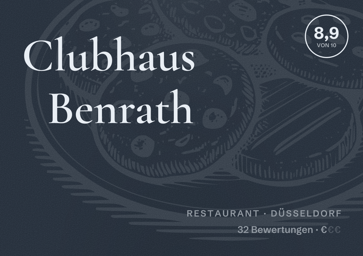 Illustriertes Poster von Clubhaus Benrath, Restaurant in Düsseldorf: Bewertung 8,9 von 10 aus 32 Bewertungen, Preisniveau €