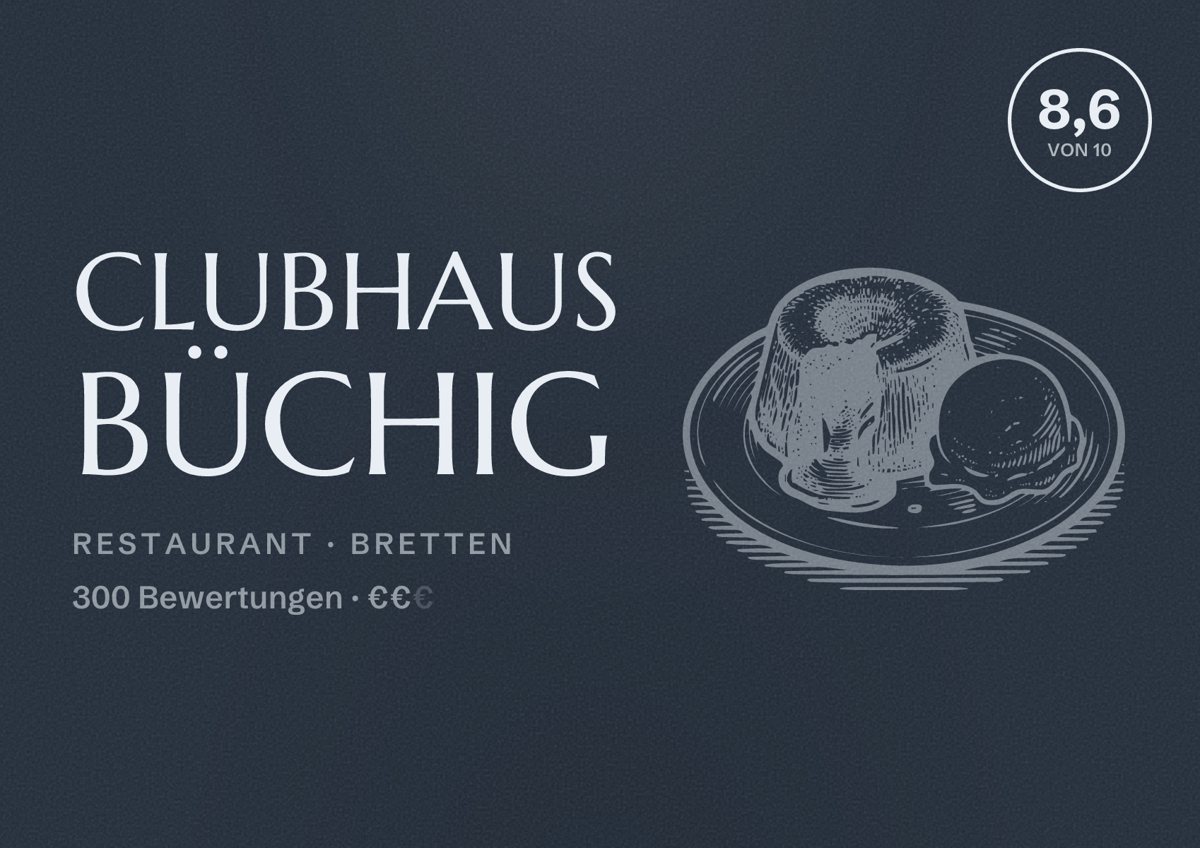 Illustriertes Poster von Clubhaus Büchig, Restaurant in Bretten: Bewertung 8,6 von 10 aus 300 Bewertungen, Preisniveau €€