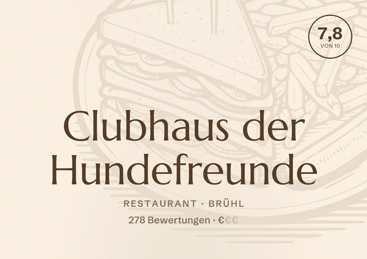 Illustriertes Poster von Clubhaus der Hundefreunde, Restaurant in Brühl: Bewertung 7,8 von 10 aus 278 Bewertungen, Preisniveau €