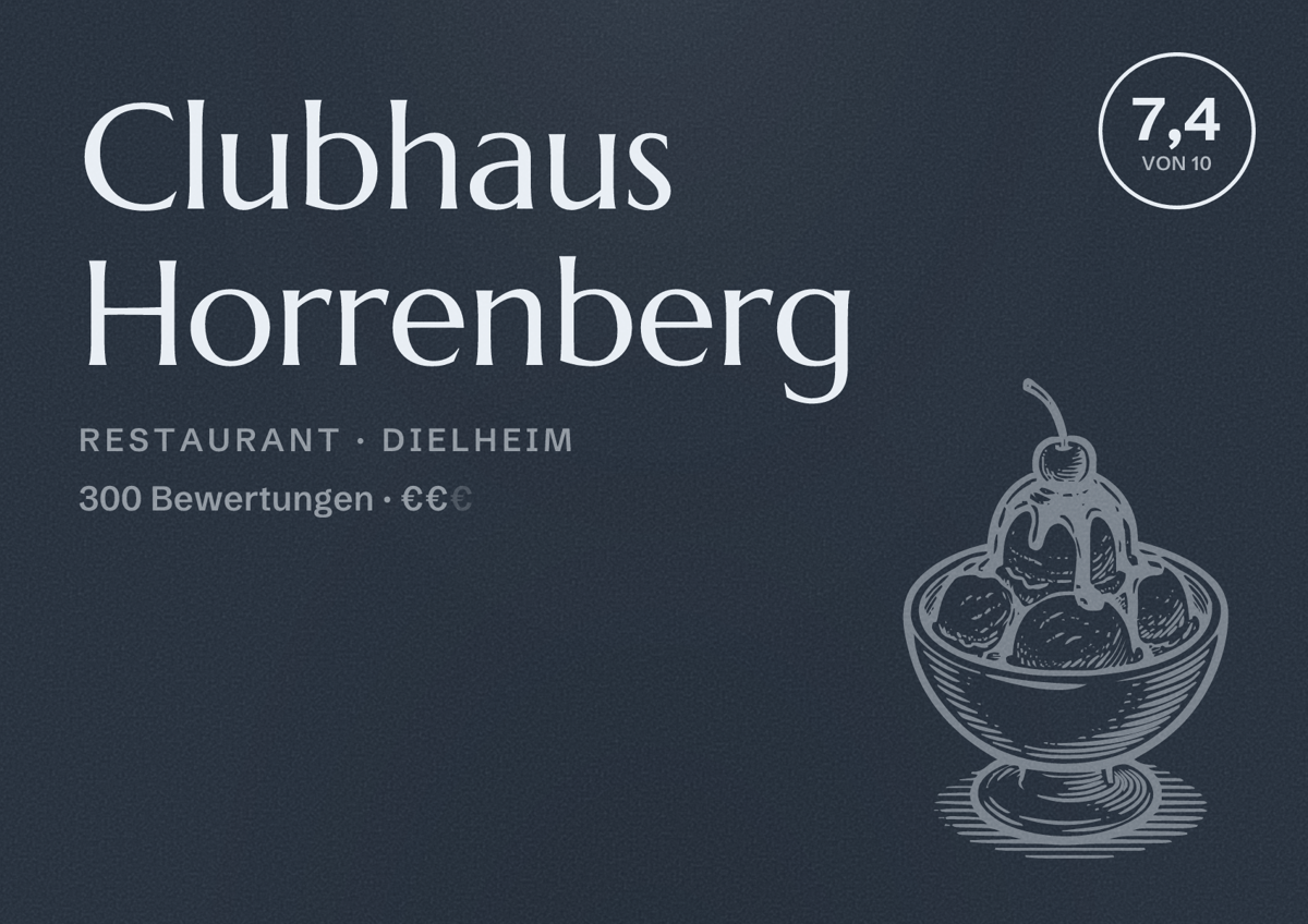 Illustriertes Poster von Clubhaus Horrenberg, Restaurant in Dielheim: Bewertung 7,4 von 10 aus 300 Bewertungen, Preisniveau €€