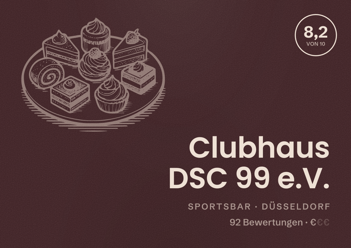 Illustriertes Poster von Clubhaus DSC 99 e.V., Sportsbar in Düsseldorf: Bewertung 8,2 von 10 aus 92 Bewertungen, Preisniveau €
