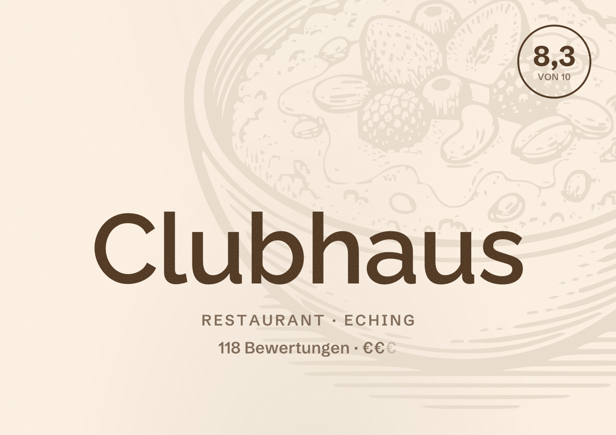 Illustriertes Poster von Clubhaus, Restaurant in Eching: Bewertung 8,3 von 10 aus 118 Bewertungen, Preisniveau €€