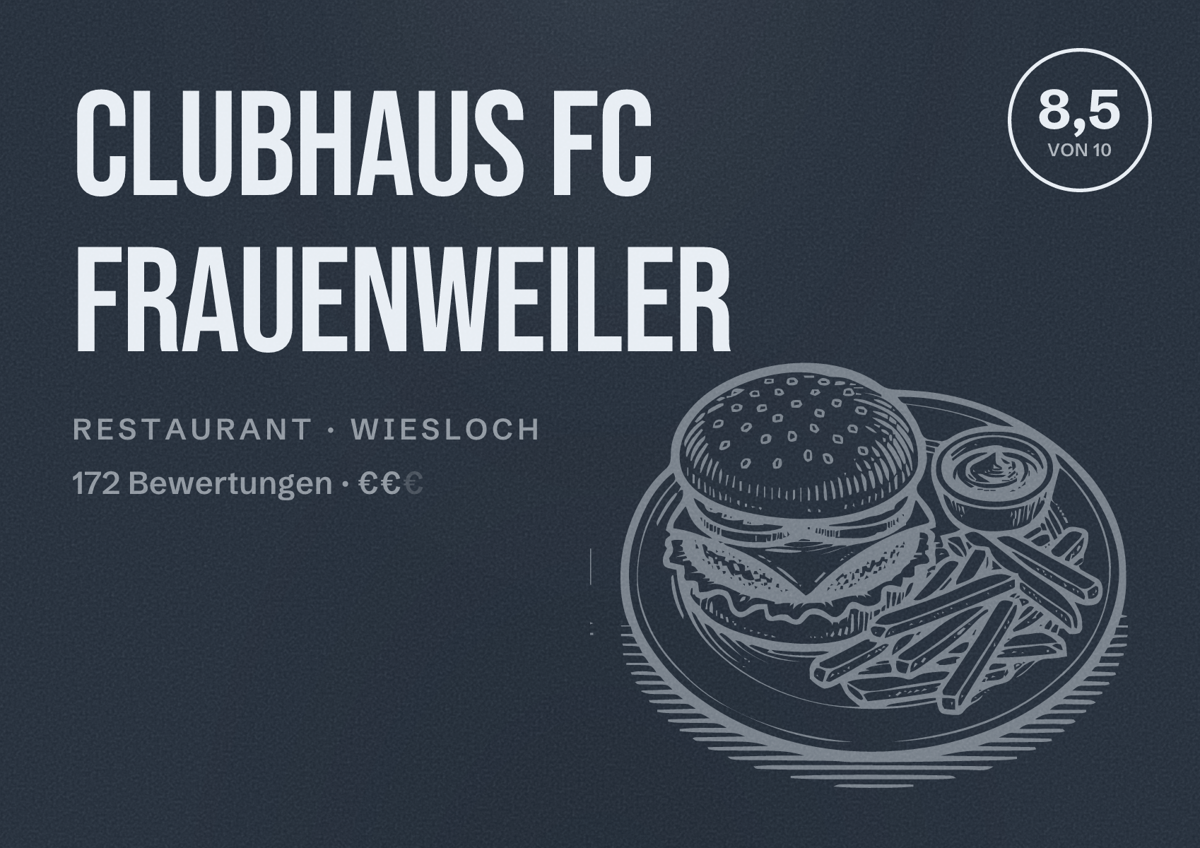 Illustriertes Poster von Clubhaus FC Frauenweiler, Restaurant in Wiesloch: Bewertung 8,5 von 10 aus 172 Bewertungen, Preisniveau €€