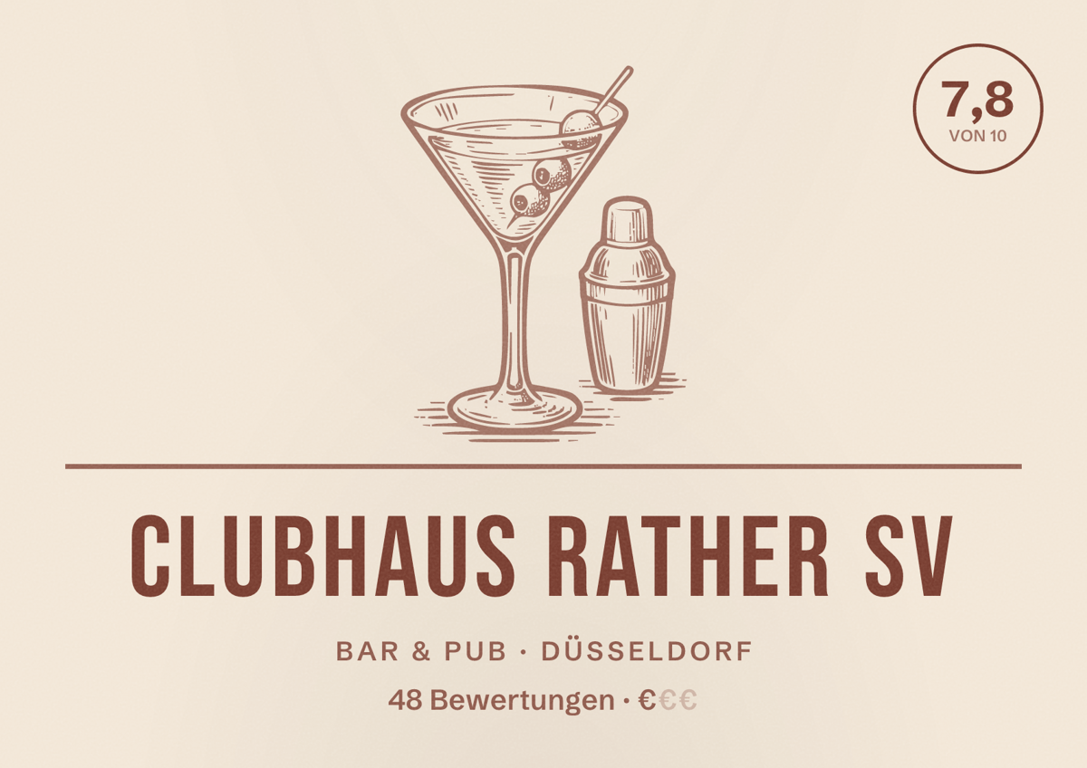 Illustriertes Poster von Clubhaus Rather SV, Bar & Pub in Düsseldorf: Bewertung 7,8 von 10 aus 48 Bewertungen, Preisniveau €