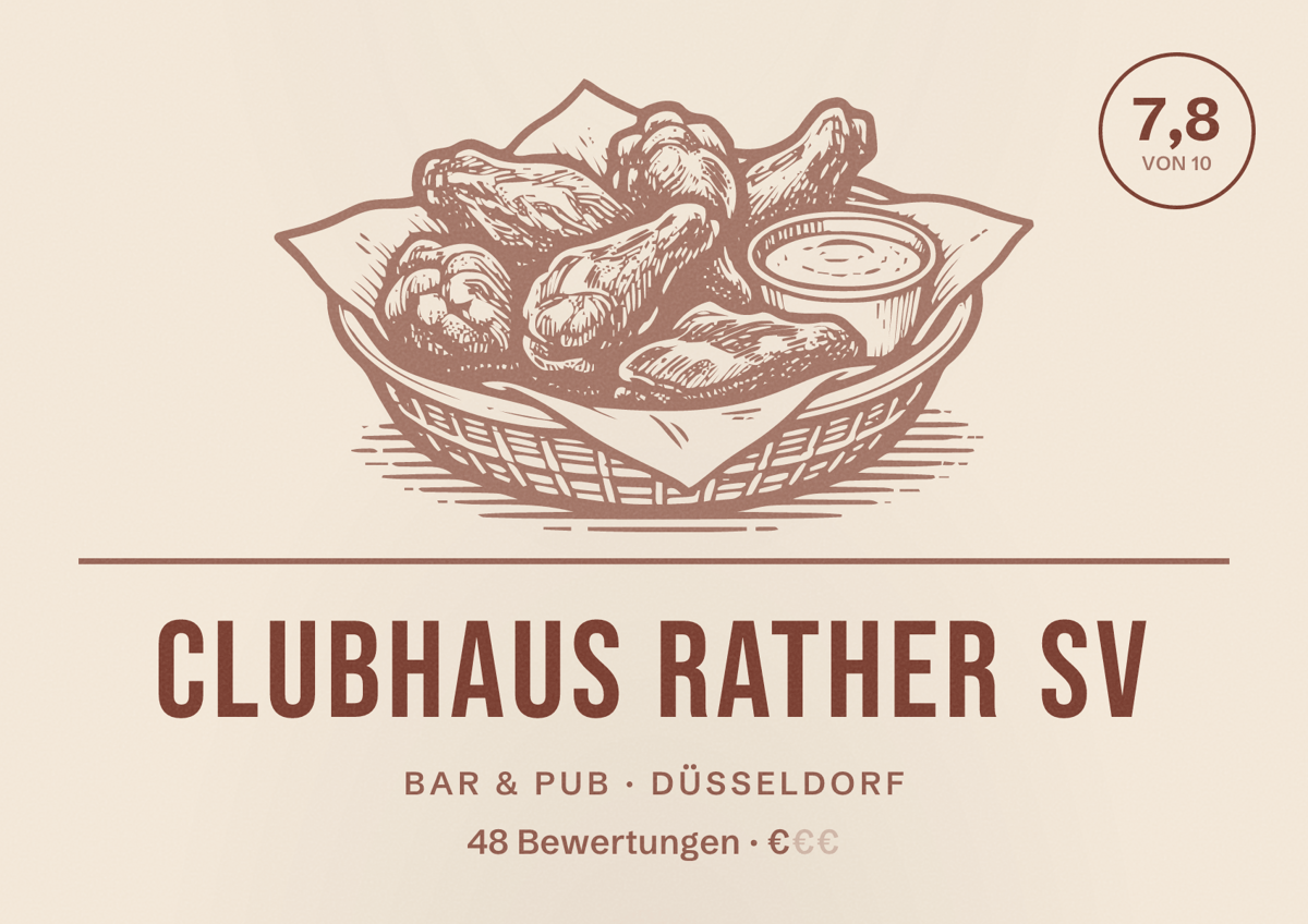 Illustriertes Poster von Clubhaus Rather SV, Bar & Pub in Düsseldorf: Bewertung 7,8 von 10 aus 48 Bewertungen, Preisniveau €