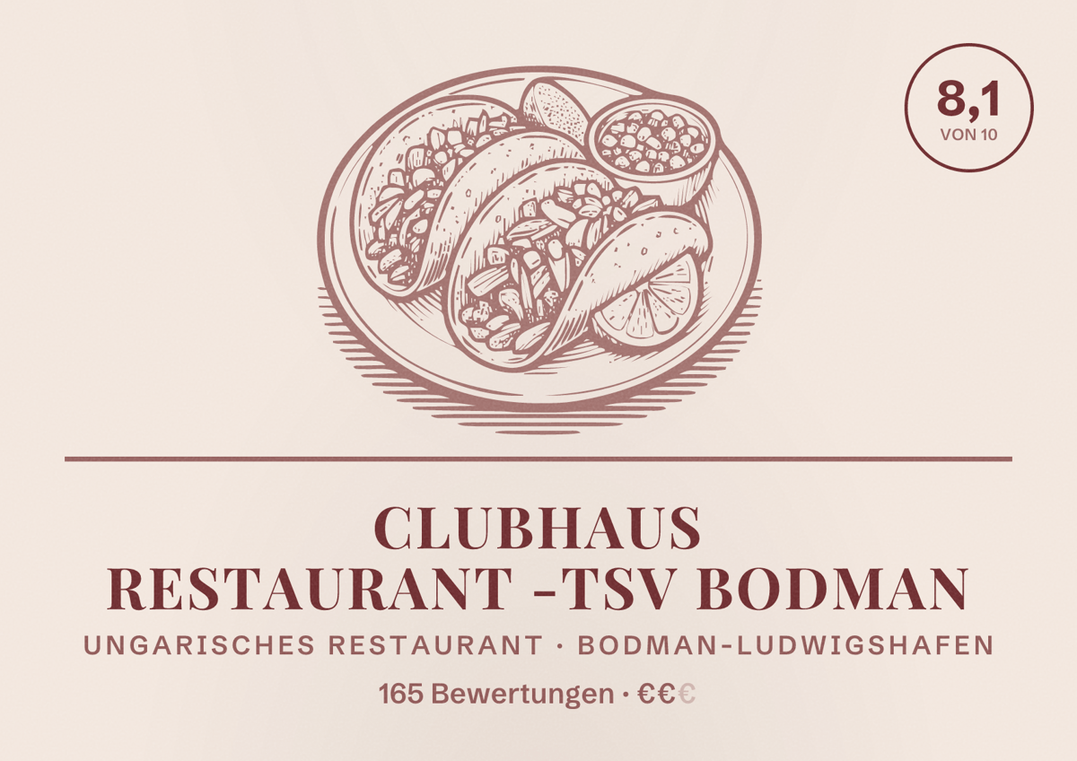 Illustriertes Poster von Clubhaus Restaurant -TSV Bodman, Ungarisches Restaurant in Bodman-Ludwigshafen: Bewertung 8,1 von 10 aus 165 Bewertungen, Preisniveau €€