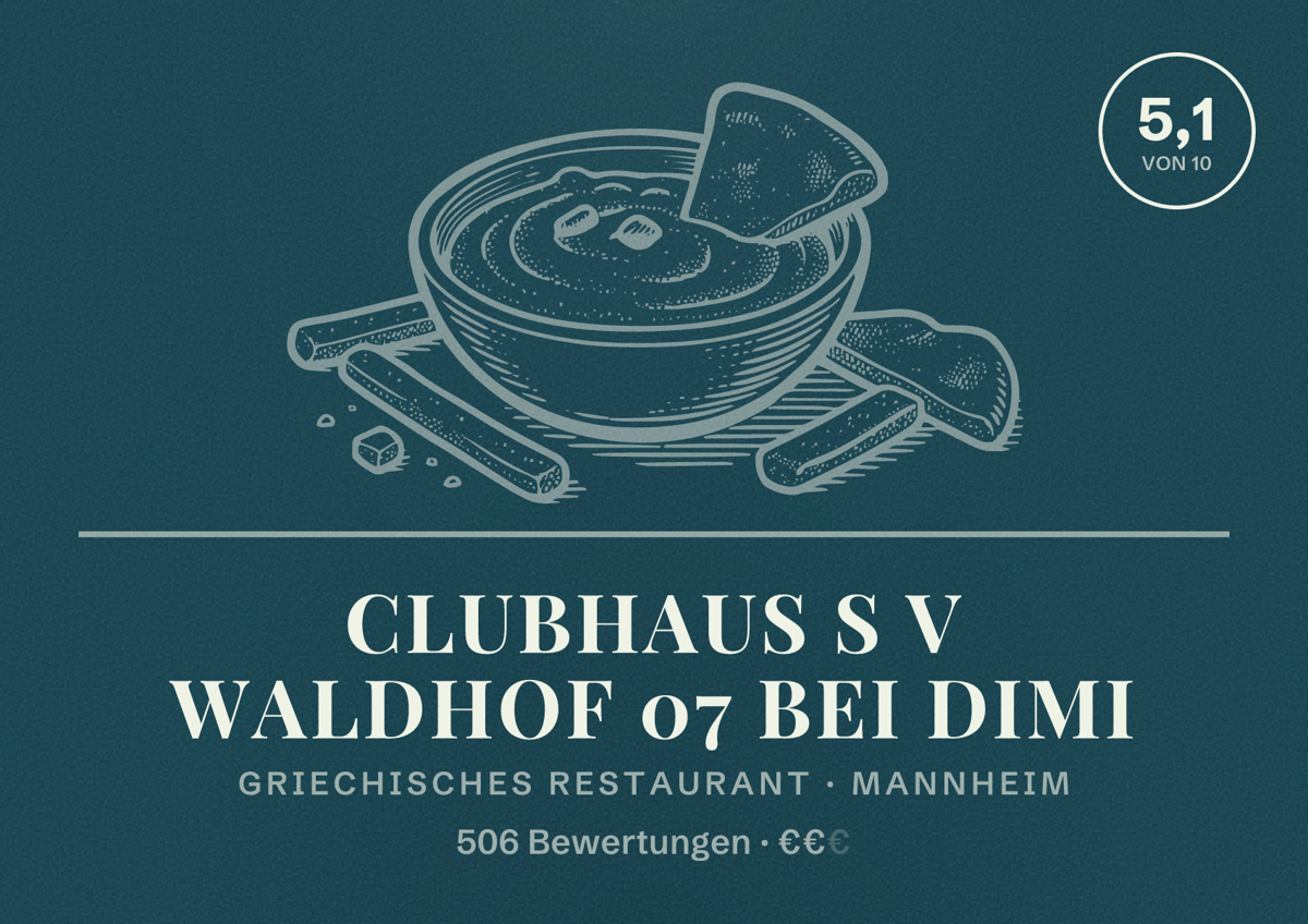 Illustriertes Poster von Clubhaus S V Waldhof 07 Bei Dimi, Griechisches Restaurant in Mannheim: Bewertung 5,1 von 10 aus 506 Bewertungen, Preisniveau €€