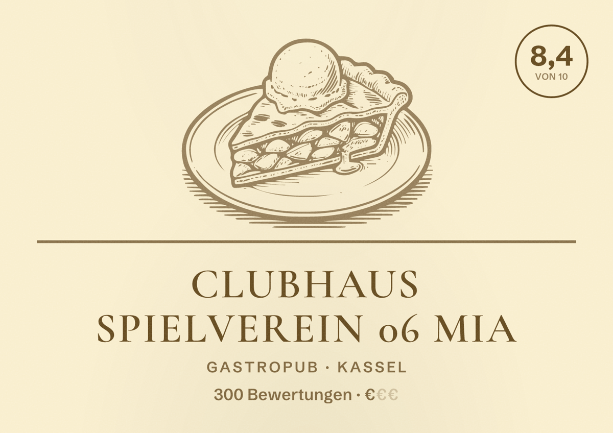 Illustriertes Poster von Clubhaus Spielverein 06 mia, Gastropub in Kassel: Bewertung 8,4 von 10 aus 300 Bewertungen, Preisniveau €