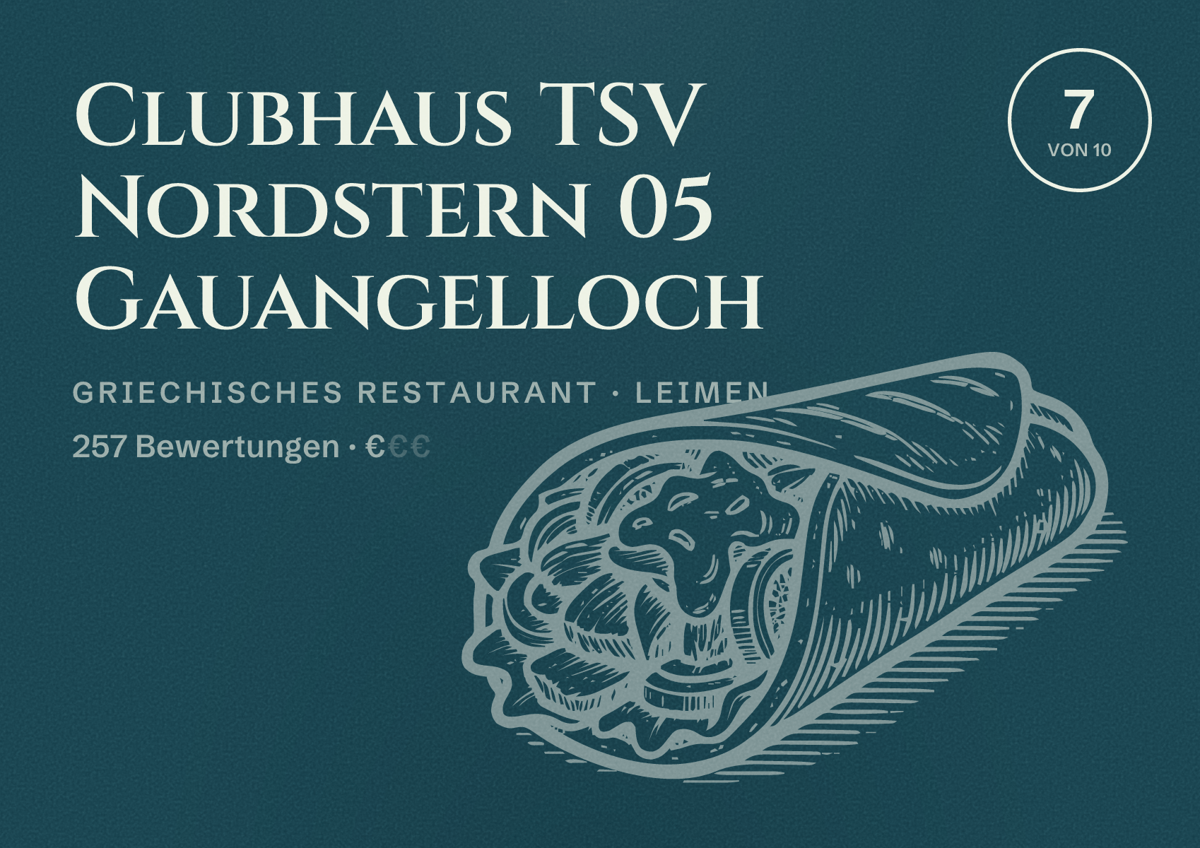 Illustriertes Poster von Clubhaus TSV Nordstern 05 Gauangelloch, Griechisches Restaurant in Leimen: Bewertung 7 von 10 aus 257 Bewertungen, Preisniveau €