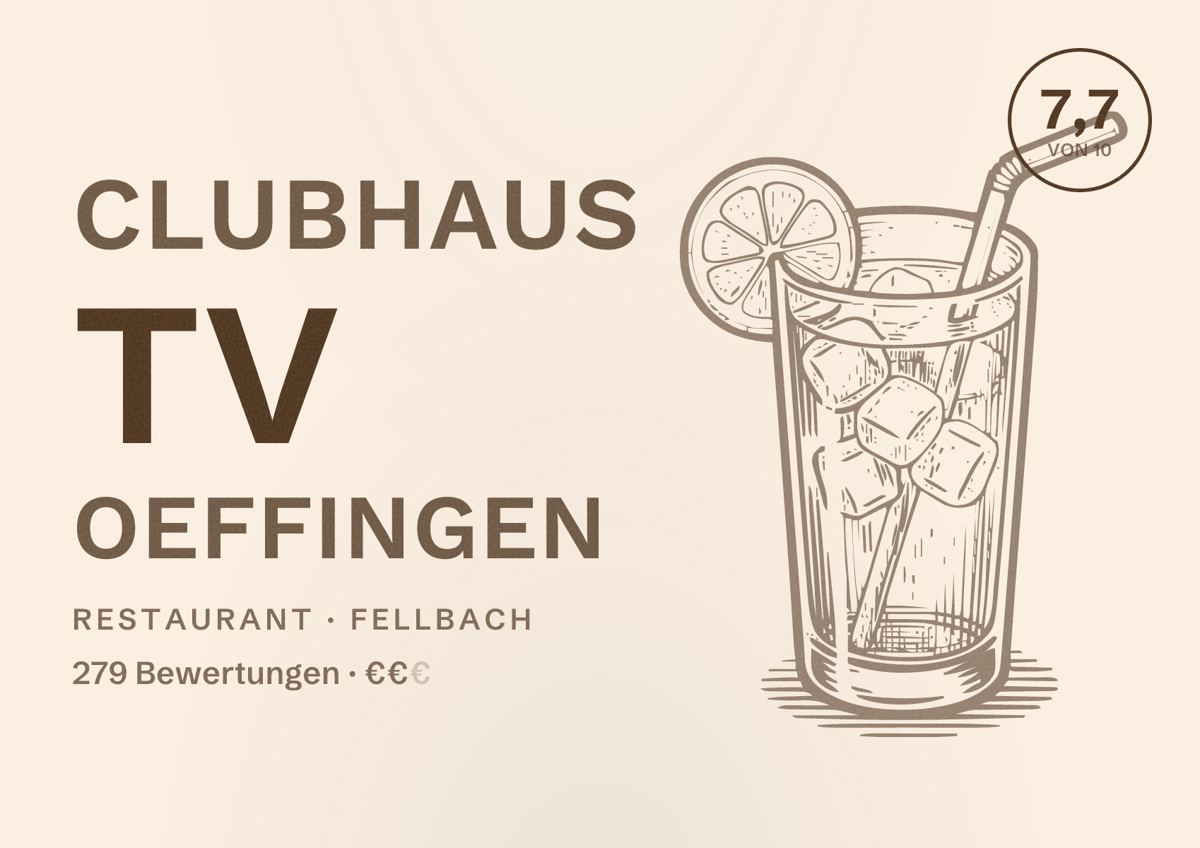 Illustriertes Poster von Clubhaus TV Oeffingen, Restaurant in Fellbach: Bewertung 7,7 von 10 aus 279 Bewertungen, Preisniveau €€