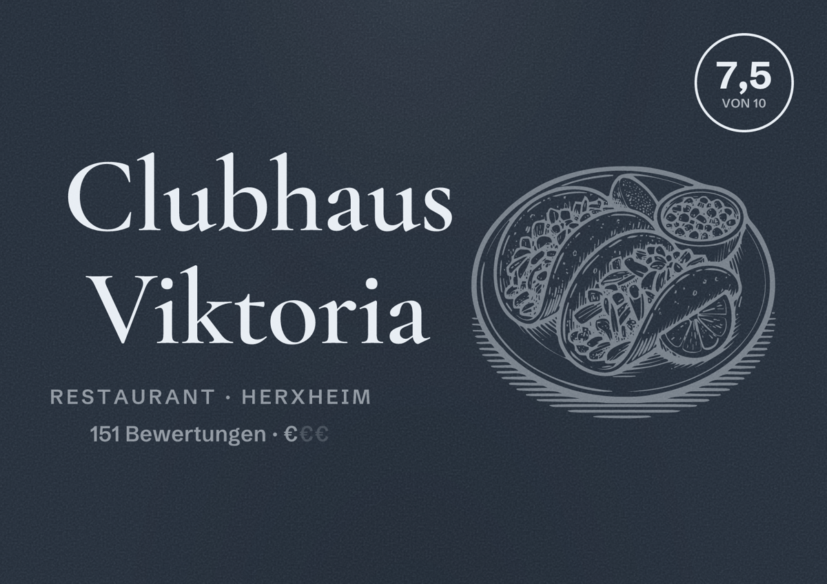 Illustriertes Poster von Clubhaus Viktoria, Restaurant in Herxheim: Bewertung 7,5 von 10 aus 151 Bewertungen, Preisniveau €