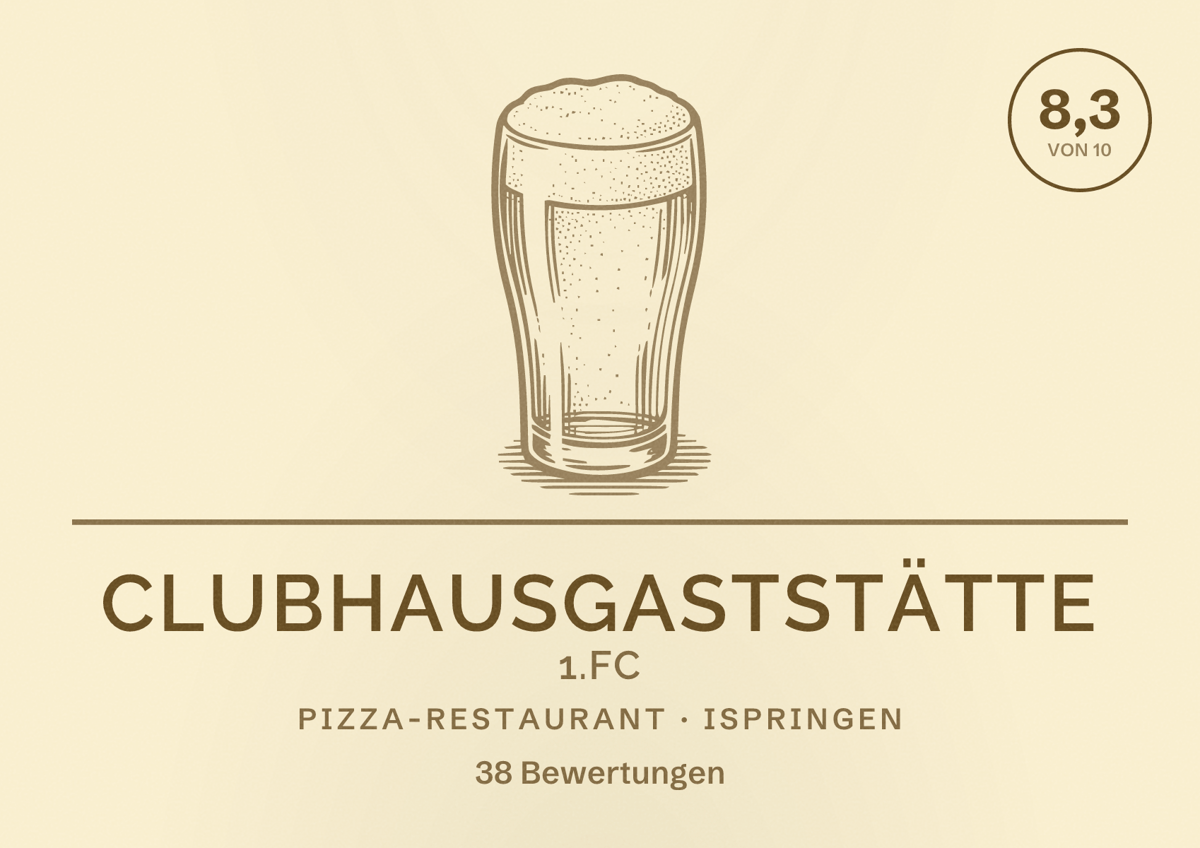 Illustriertes Poster von Clubhausgaststätte 1.FC, Pizza-Restaurant in Ispringen: Bewertung 8,3 von 10 aus 38 Bewertungen