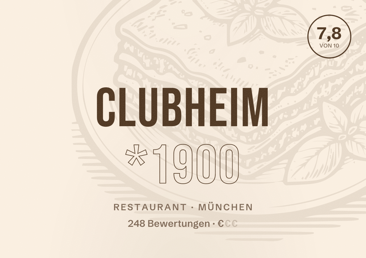 Illustriertes Poster von Clubheim *1900, Restaurant in München: Bewertung 7,8 von 10 aus 248 Bewertungen, Preisniveau €