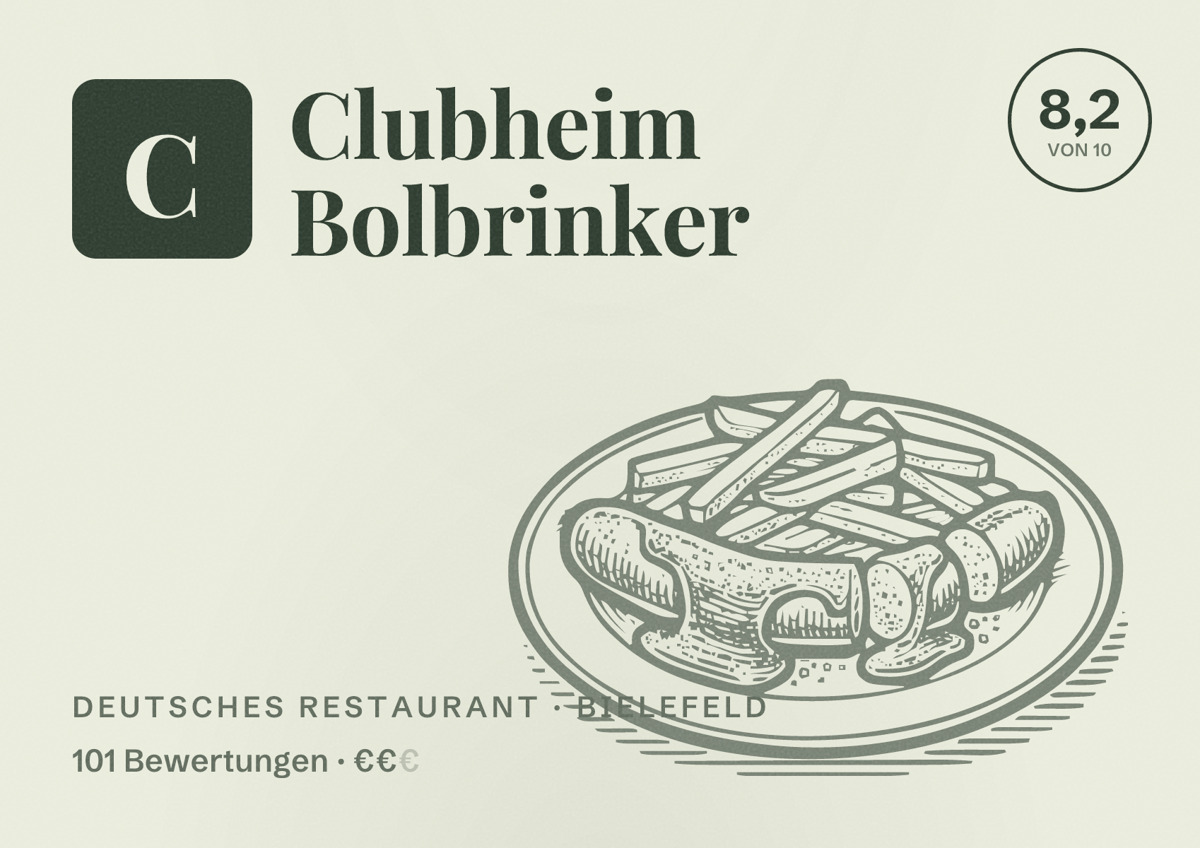 Illustriertes Poster von Clubheim Bolbrinker, Deutsches Restaurant in Bielefeld: Bewertung 8,2 von 10 aus 101 Bewertungen, Preisniveau €€