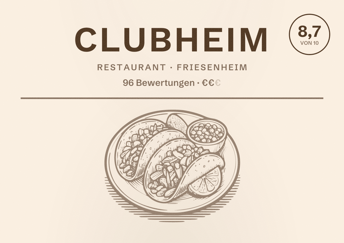 Illustriertes Poster von Clubheim, Restaurant in Friesenheim: Bewertung 8,7 von 10 aus 96 Bewertungen, Preisniveau €€