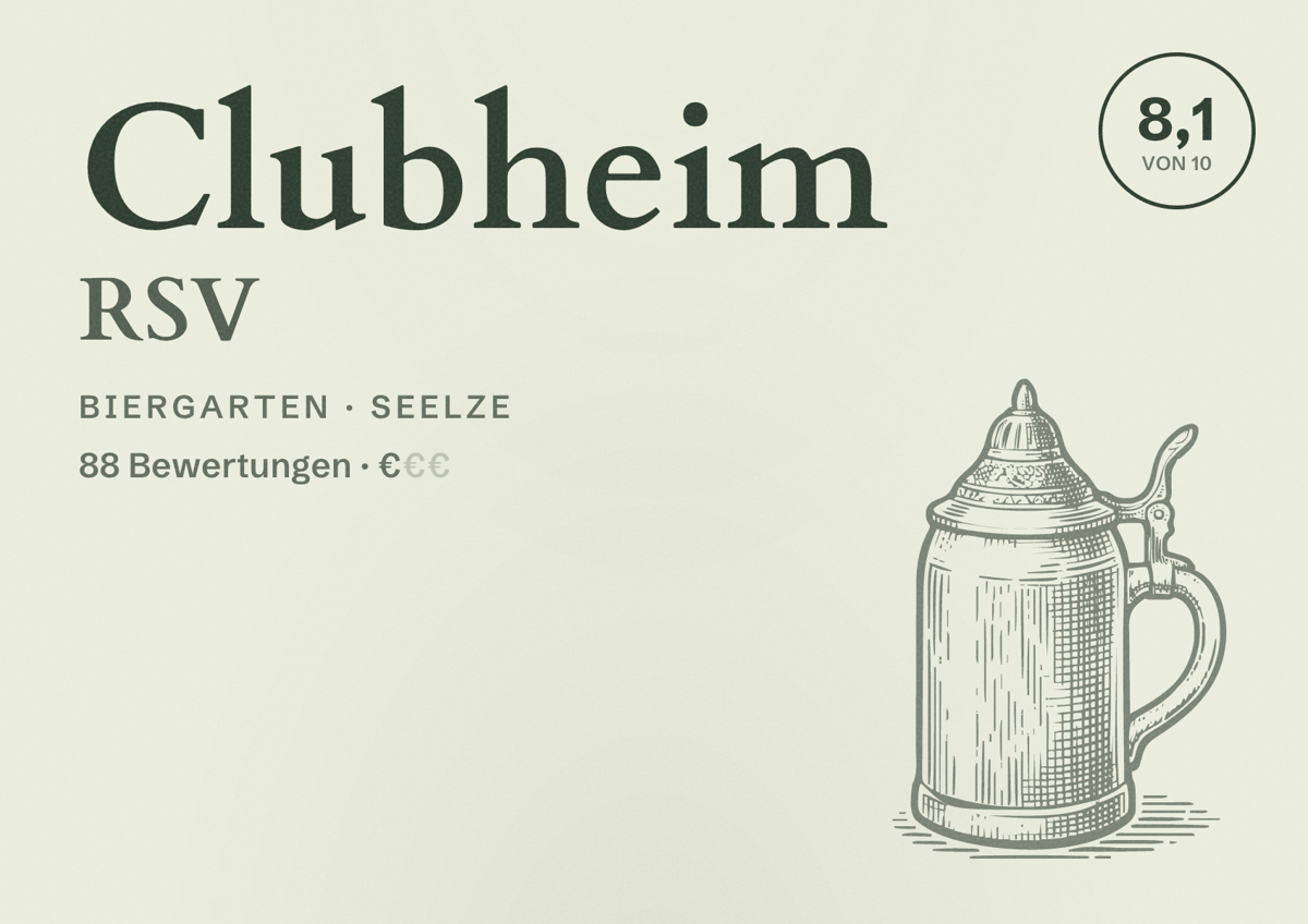 Illustriertes Poster von Clubheim RSV, Biergarten in Seelze: Bewertung 8,1 von 10 aus 88 Bewertungen, Preisniveau €
