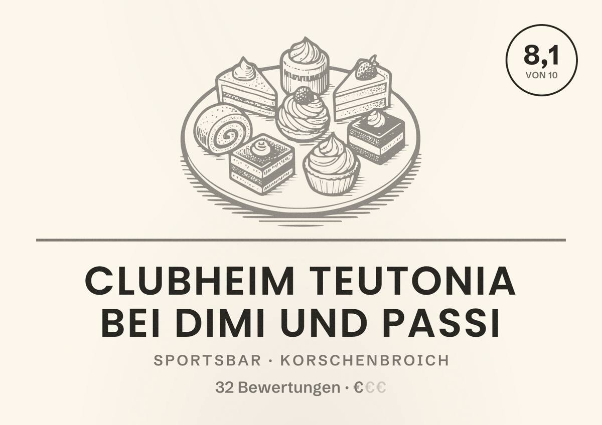 Illustriertes Poster von Clubheim Teutonia bei Dimi und Passi, Sportsbar in Korschenbroich: Bewertung 8,1 von 10 aus 32 Bewertungen, Preisniveau €