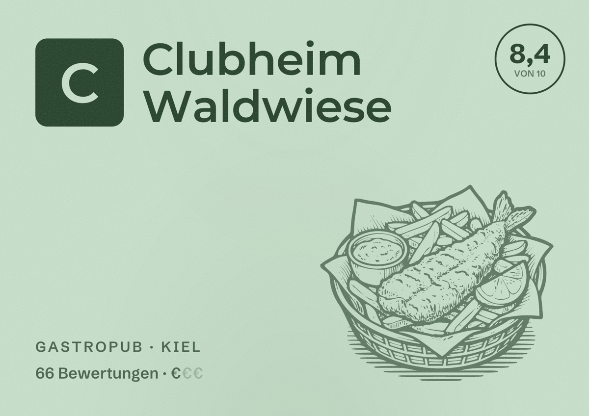 Illustriertes Poster von Clubheim Waldwiese, Gastropub in Kiel: Bewertung 8,4 von 10 aus 66 Bewertungen, Preisniveau €