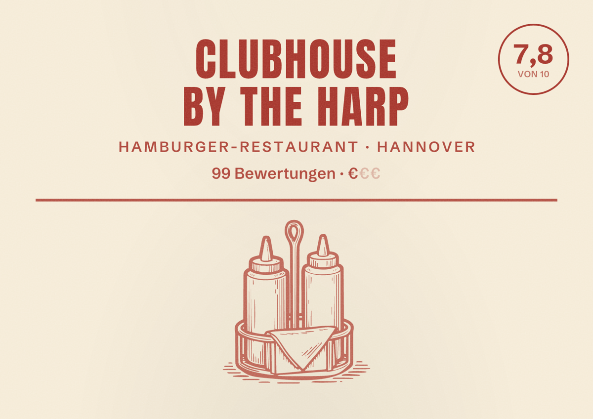 Illustriertes Poster von Clubhouse by The Harp, Hamburger-Restaurant in Hannover: Bewertung 7,8 von 10 aus 99 Bewertungen, Preisniveau €