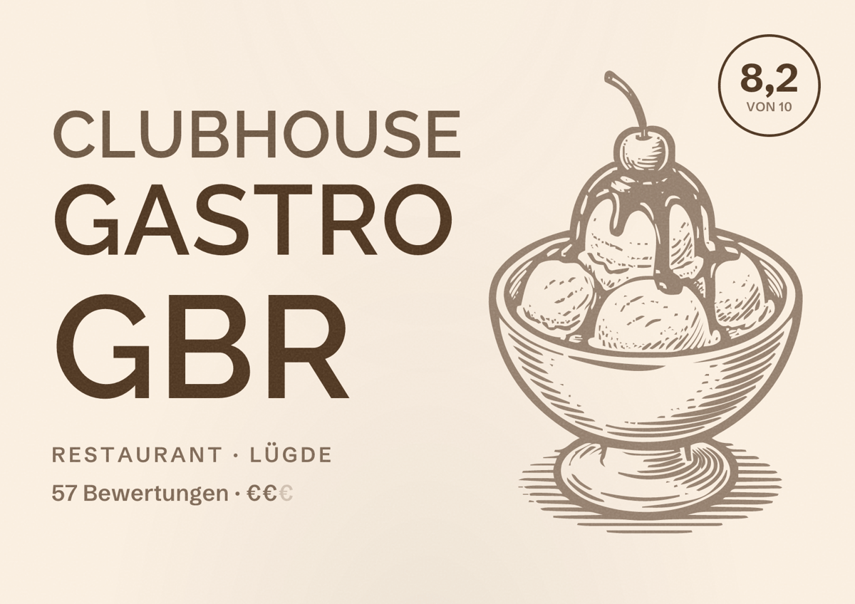 Illustriertes Poster von CLUBHOUSE Gastro GbR, Restaurant in Lügde: Bewertung 8,2 von 10 aus 57 Bewertungen, Preisniveau €€