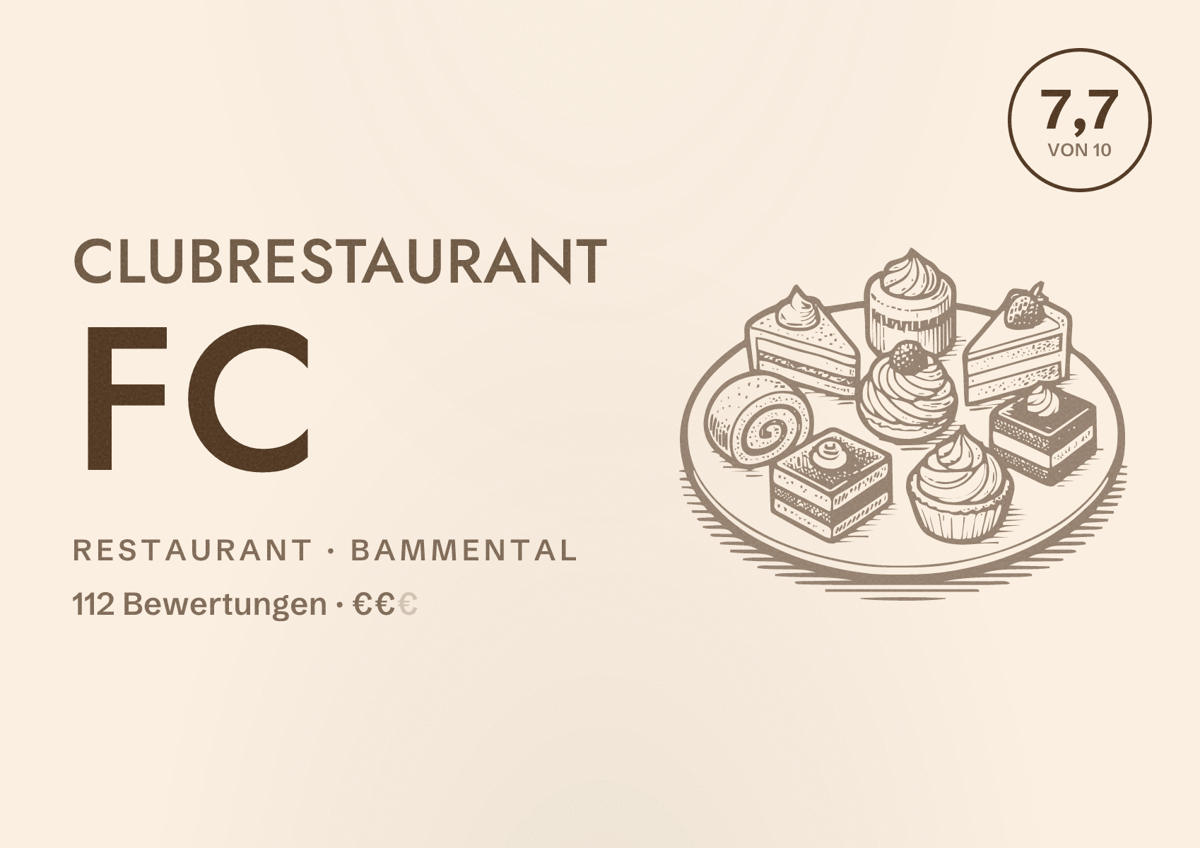 Illustriertes Poster von Clubrestaurant FC, Restaurant in Bammental: Bewertung 7,7 von 10 aus 112 Bewertungen, Preisniveau €€