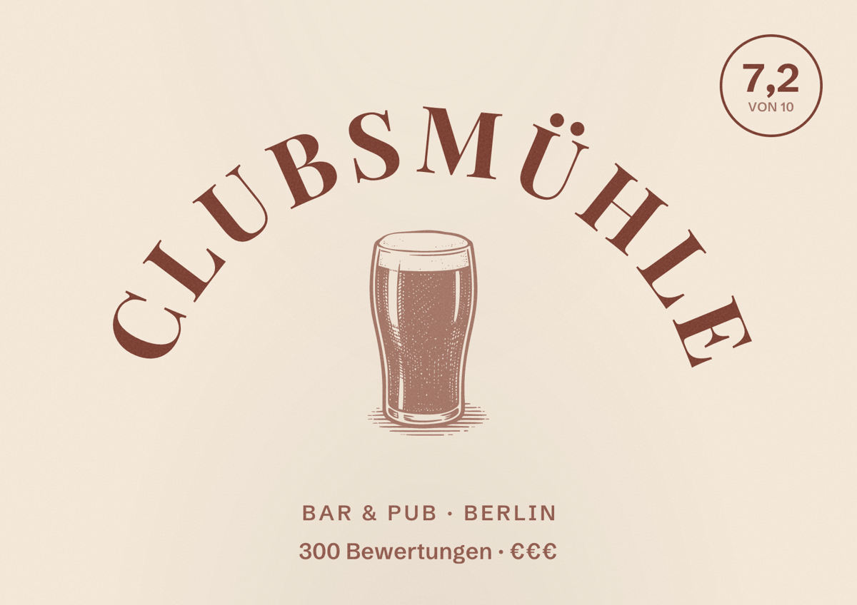 Illustriertes Poster von ClubsMühle, Bar & Pub in Berlin: Bewertung 7,2 von 10 aus 300 Bewertungen, Preisniveau €€€