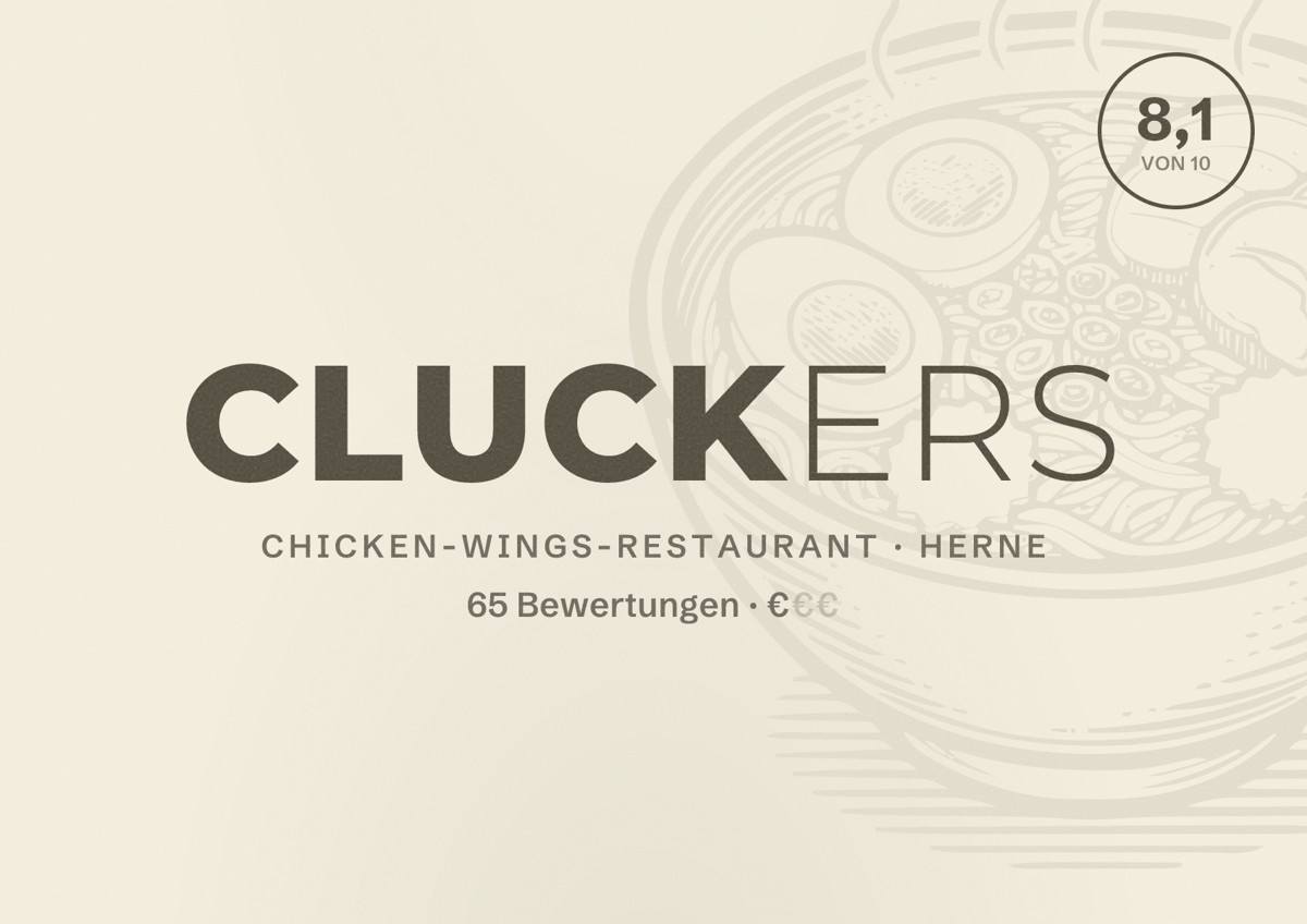 Illustriertes Poster von Cluckers, Chicken-Wings-Restaurant in Herne: Bewertung 8,1 von 10 aus 65 Bewertungen, Preisniveau €