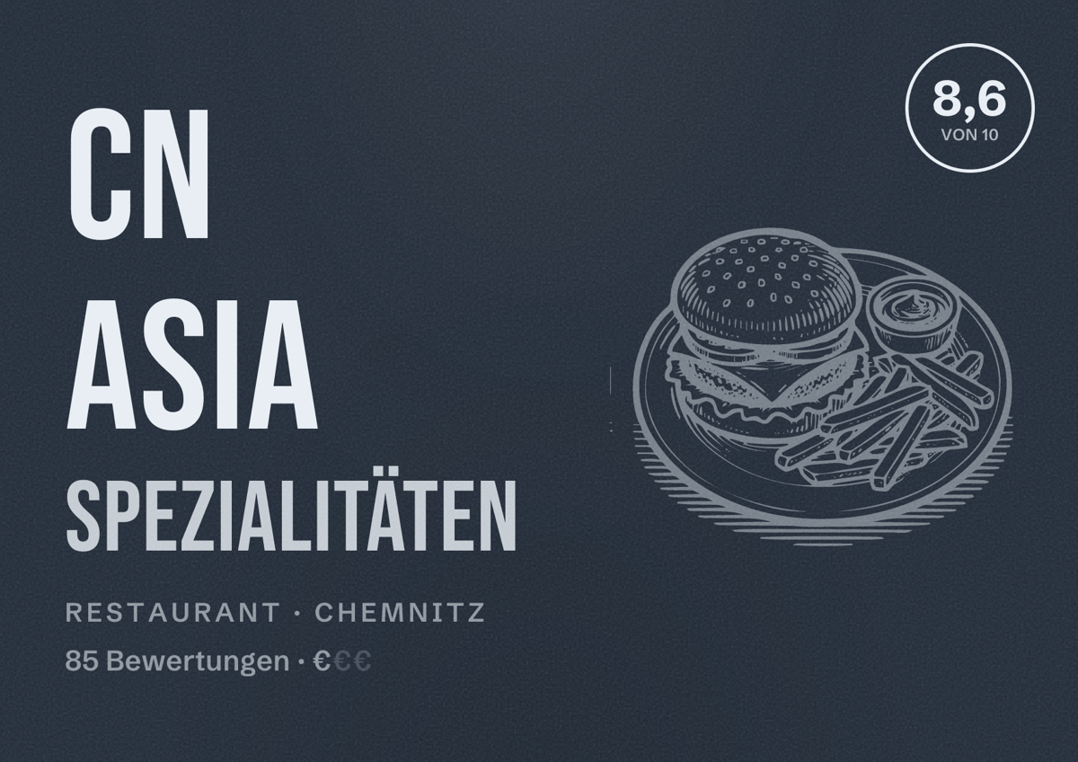 Illustriertes Poster von CN Asia Spezialitäten, Restaurant in Chemnitz: Bewertung 8,6 von 10 aus 85 Bewertungen, Preisniveau €