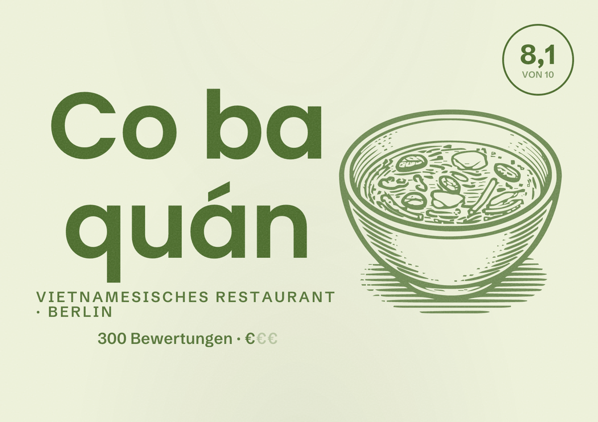 Illustriertes Poster von Co ba quán, Vietnamesisches Restaurant in Berlin: Bewertung 8,1 von 10 aus 300 Bewertungen, Preisniveau €