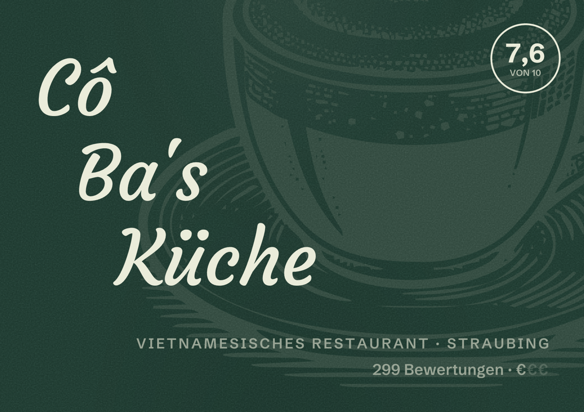 Illustriertes Poster von Cô Ba's Küche, Vietnamesisches Restaurant in Straubing: Bewertung 7,6 von 10 aus 299 Bewertungen, Preisniveau €