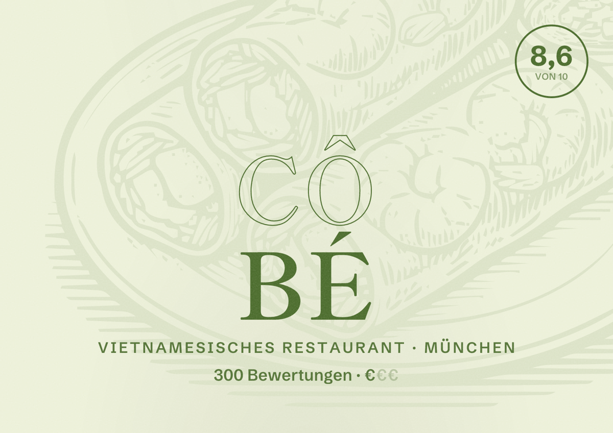 Illustriertes Poster von Cô Bé, Vietnamesisches Restaurant in München: Bewertung 8,6 von 10 aus 300 Bewertungen, Preisniveau €