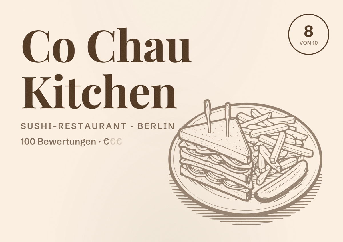 Illustriertes Poster von Co Chau Kitchen, Sushi-Restaurant in Berlin: Bewertung 8,0 von 10 aus 100 Bewertungen, Preisniveau €