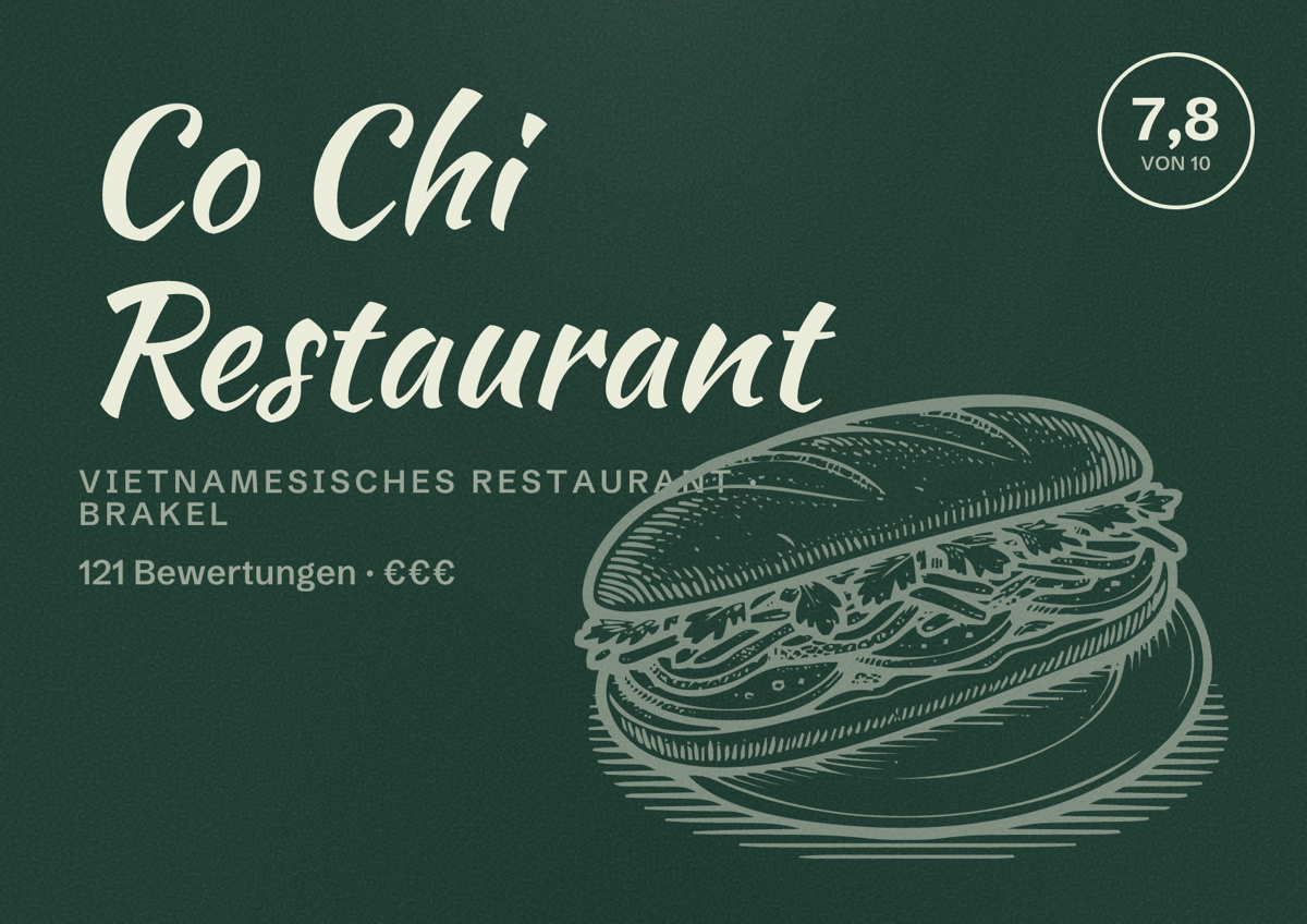 Illustriertes Poster von Co Chi Restaurant, Vietnamesisches Restaurant in Brakel: Bewertung 7,8 von 10 aus 121 Bewertungen, Preisniveau €€€