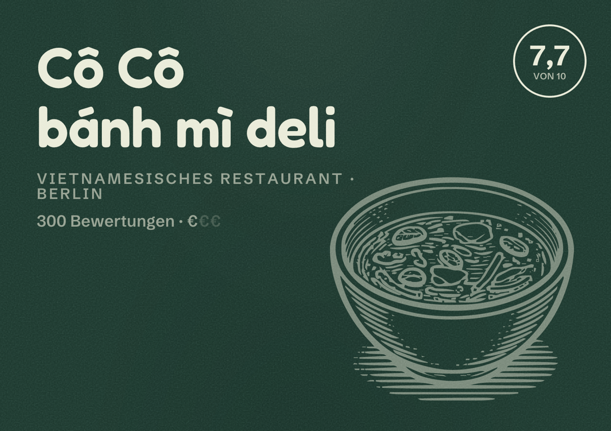 Illustriertes Poster von Cô Cô bánh mì deli, Vietnamesisches Restaurant in Berlin: Bewertung 7,7 von 10 aus 300 Bewertungen, Preisniveau €