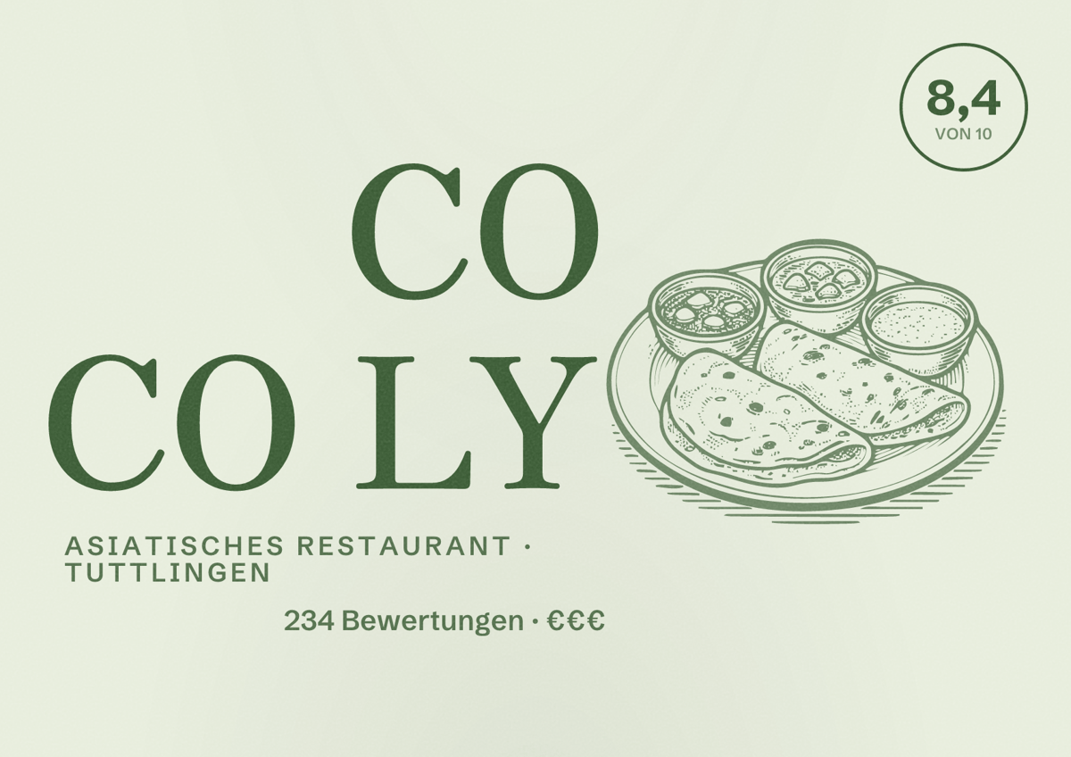 Illustriertes Poster von CO CO LY, Asiatisches Restaurant in Tuttlingen: Bewertung 8,4 von 10 aus 234 Bewertungen, Preisniveau €€€