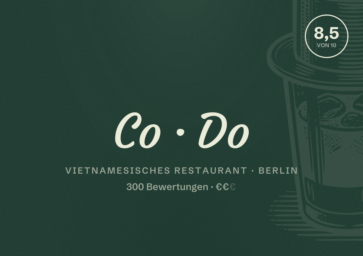 Illustriertes Poster von Co Do, Vietnamesisches Restaurant in Berlin: Bewertung 8,5 von 10 aus 300 Bewertungen, Preisniveau €€