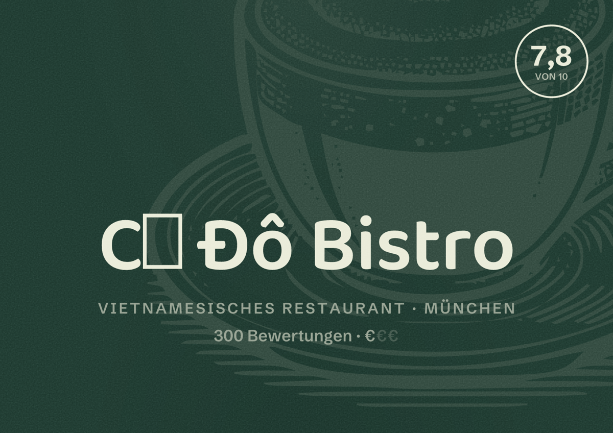 Illustriertes Poster von Cố Đô Bistro, Vietnamesisches Restaurant in München: Bewertung 7,8 von 10 aus 300 Bewertungen, Preisniveau €