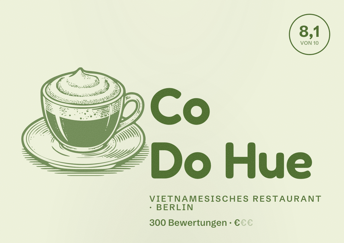 Illustriertes Poster von Co Do Hue, Vietnamesisches Restaurant in Berlin: Bewertung 8,1 von 10 aus 300 Bewertungen, Preisniveau €