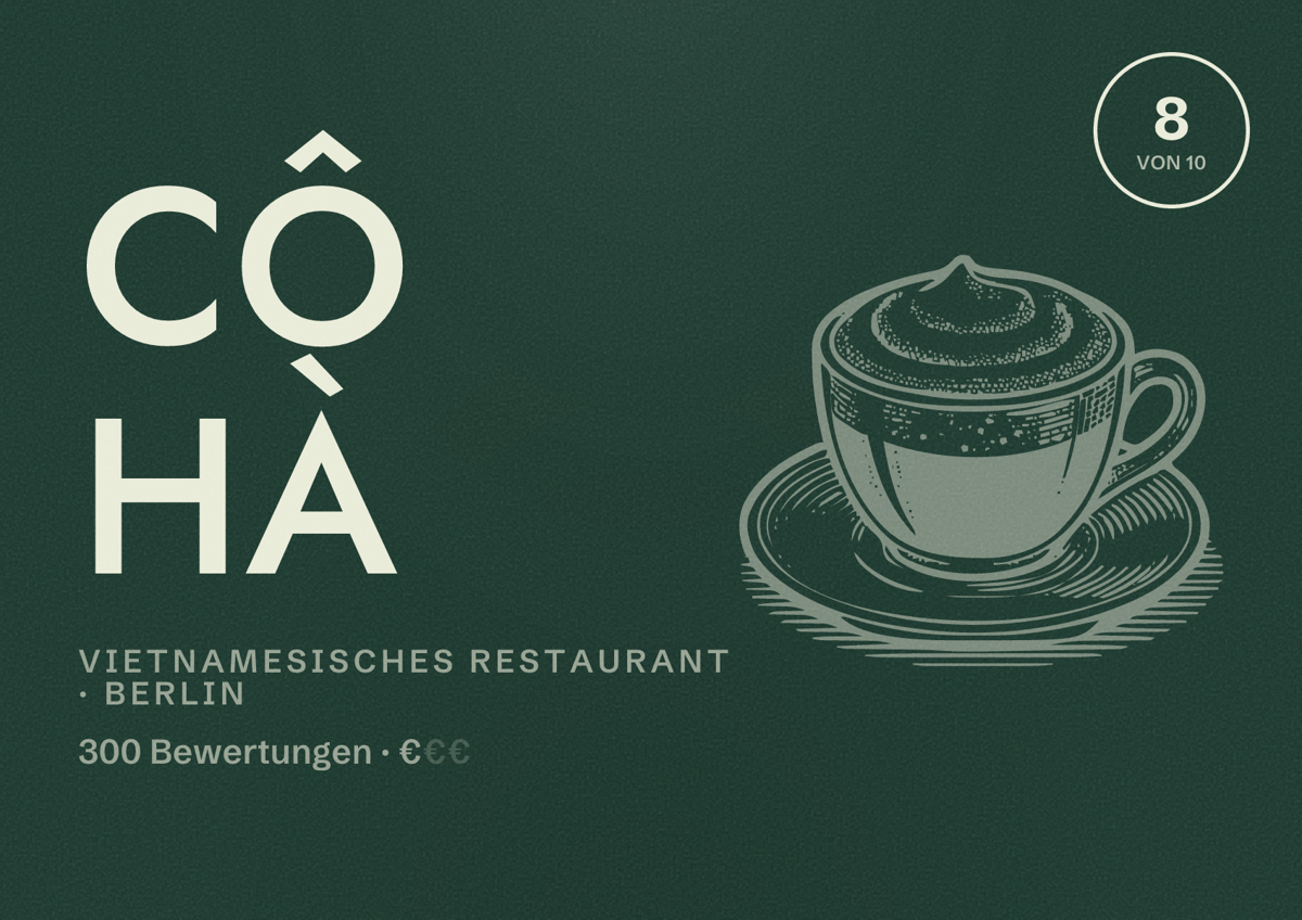 Illustriertes Poster von Cô Hà, Vietnamesisches Restaurant in Berlin: Bewertung 8,0 von 10 aus 300 Bewertungen, Preisniveau €