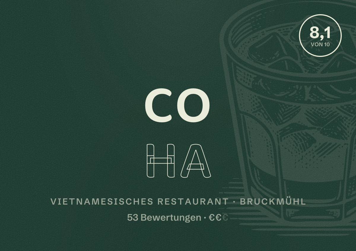 Illustriertes Poster von Co Ha, Vietnamesisches Restaurant in Bruckmühl: Bewertung 8,1 von 10 aus 53 Bewertungen, Preisniveau €€