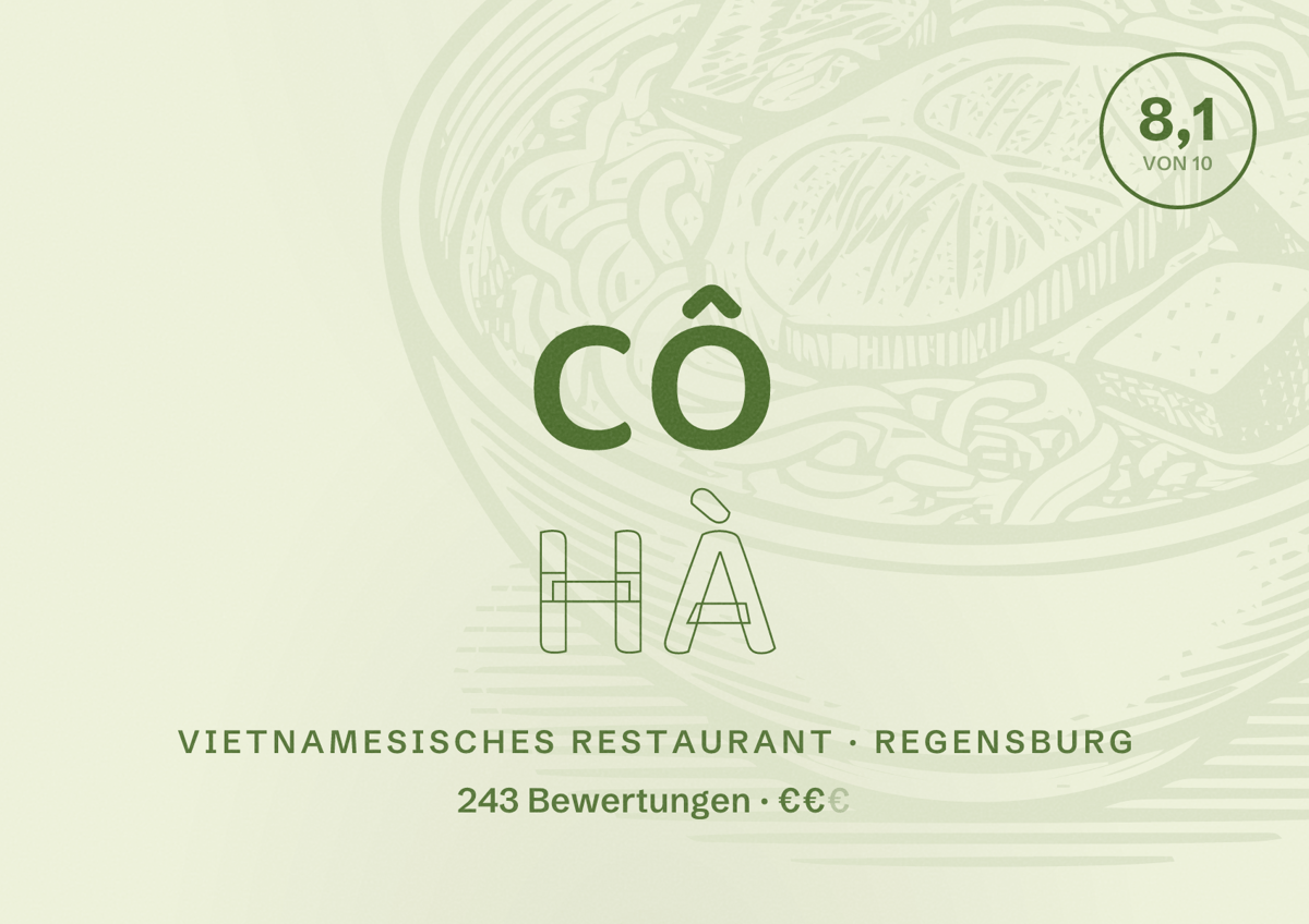 Illustriertes Poster von CÔ HÀ, Vietnamesisches Restaurant in Regensburg: Bewertung 8,1 von 10 aus 243 Bewertungen, Preisniveau €€
