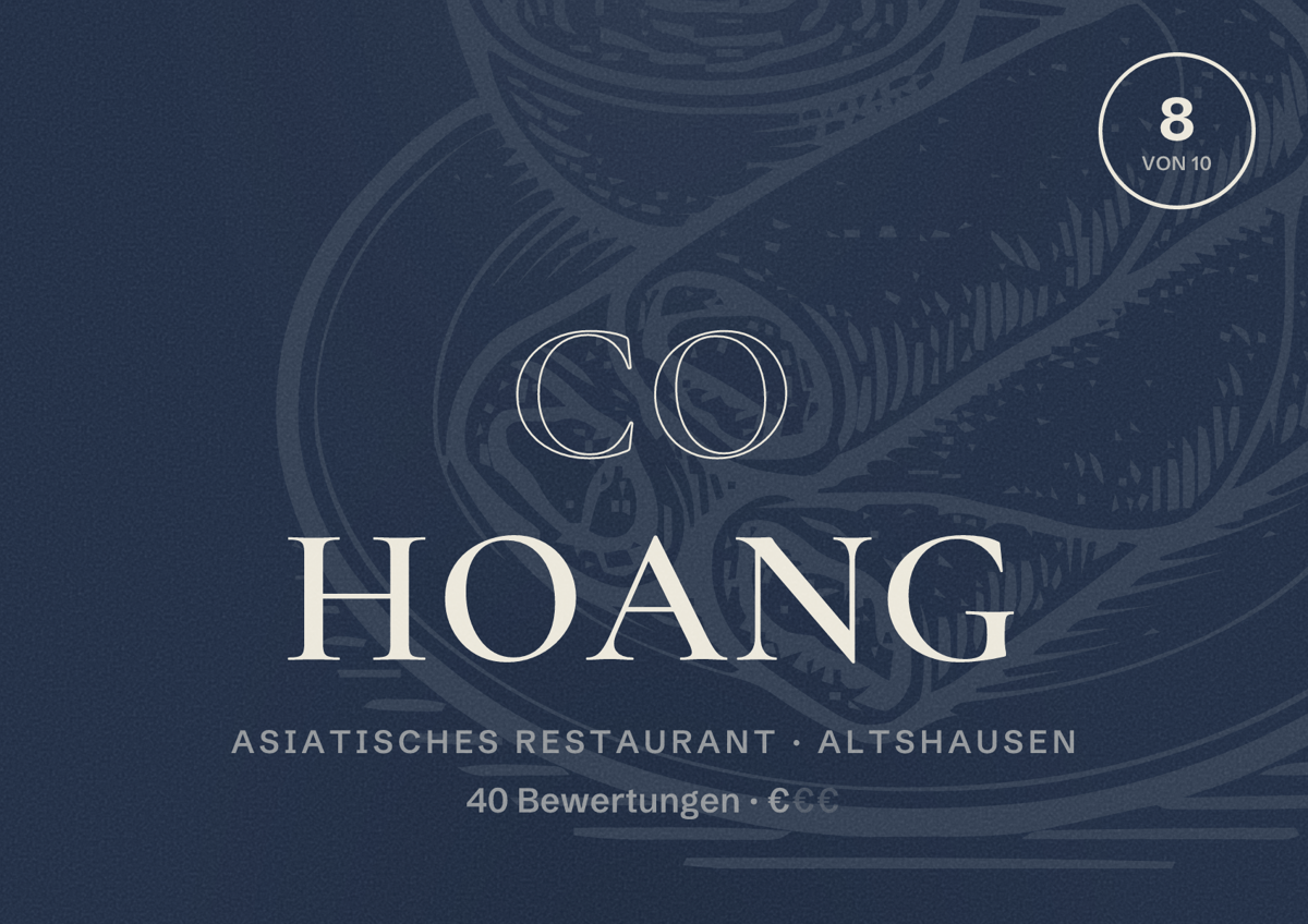 Illustriertes Poster von CO HOANG, Asiatisches Restaurant in Altshausen: Bewertung 8 von 10 aus 40 Bewertungen, Preisniveau €