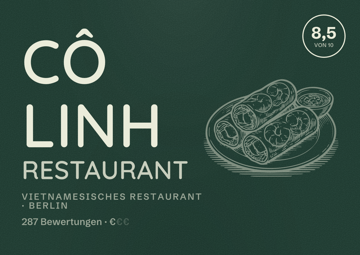 Illustriertes Poster von Cô Linh Restaurant, Vietnamesisches Restaurant in Berlin: Bewertung 8,5 von 10 aus 287 Bewertungen, Preisniveau €