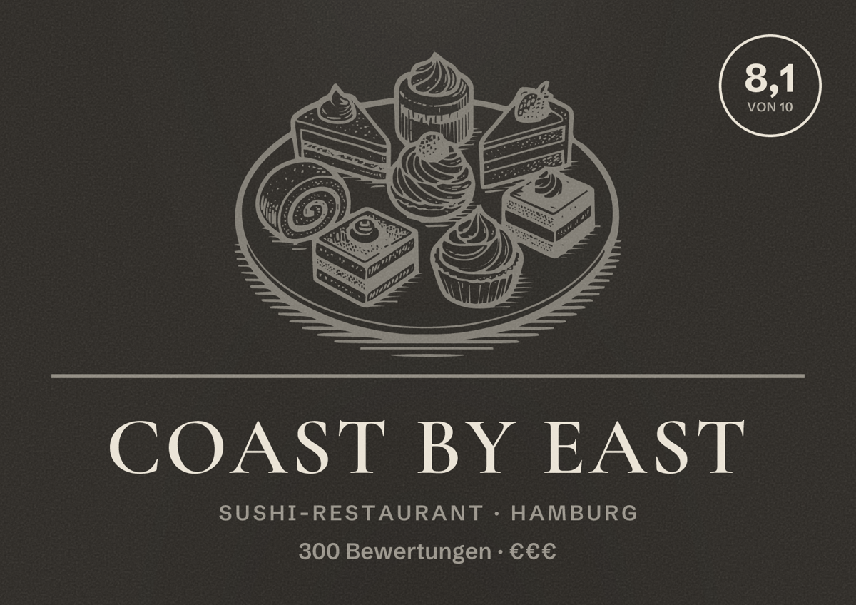 Illustriertes Poster von coast by east, Sushi-Restaurant in Hamburg: Bewertung 8,1 von 10 aus 300 Bewertungen, Preisniveau €€€