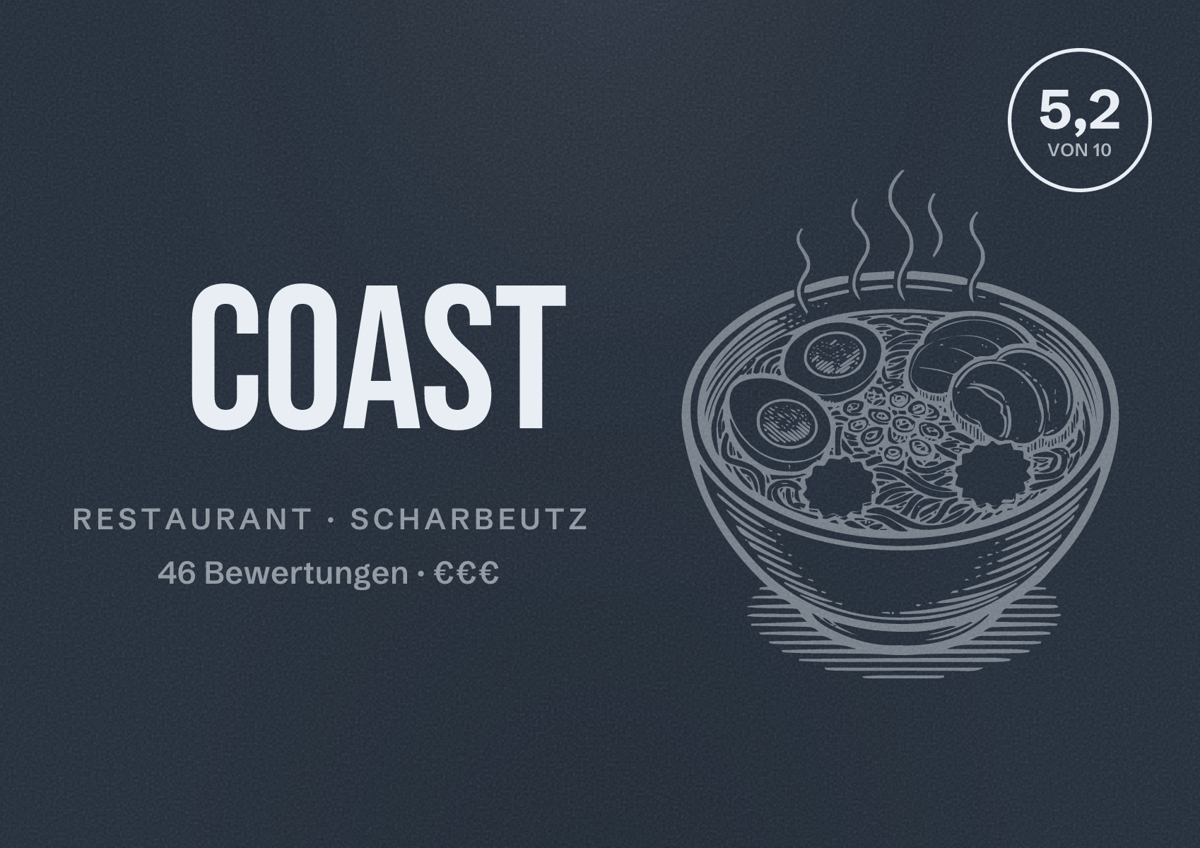 Illustriertes Poster von COAST, Restaurant in Scharbeutz: Bewertung 5,2 von 10 aus 46 Bewertungen, Preisniveau €€€