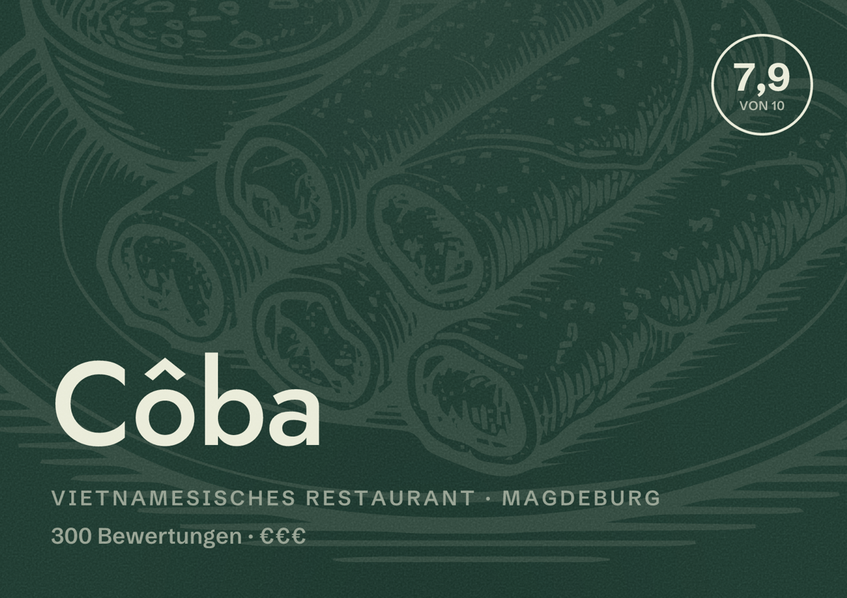 Illustriertes Poster von Côba, Vietnamesisches Restaurant in Magdeburg: Bewertung 7,9 von 10 aus 300 Bewertungen, Preisniveau €€€